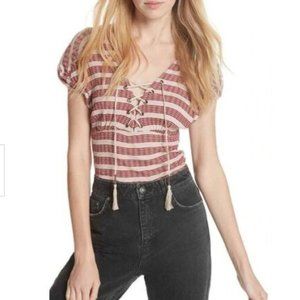 Free people sail out striped lace up pull over top red tan small